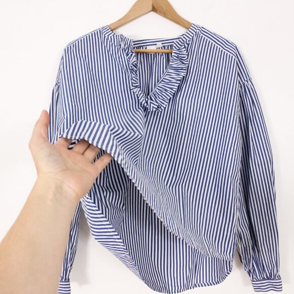 *Gap Striped Cotton Long Sleeve Stripe Ruffle V-neck Blouse - Picture 5 of 8